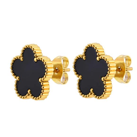 Black Flower Clover Earring 18K Gold Plated Stud Earrings - Picture 4 of 5